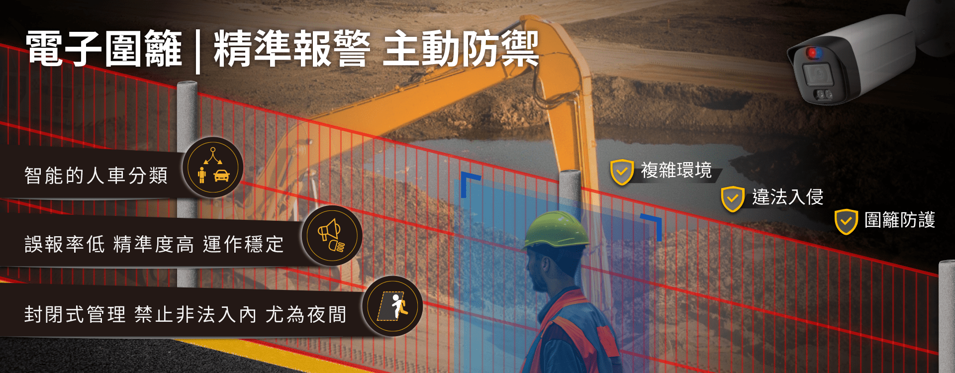 智慧工地電子圍籬,精準報警、主動防禦，在複雜環境、違法入侵、圍籬防護的狀況都OK,擁有智能人車分類、高精準低誤報、封閉管理等特色